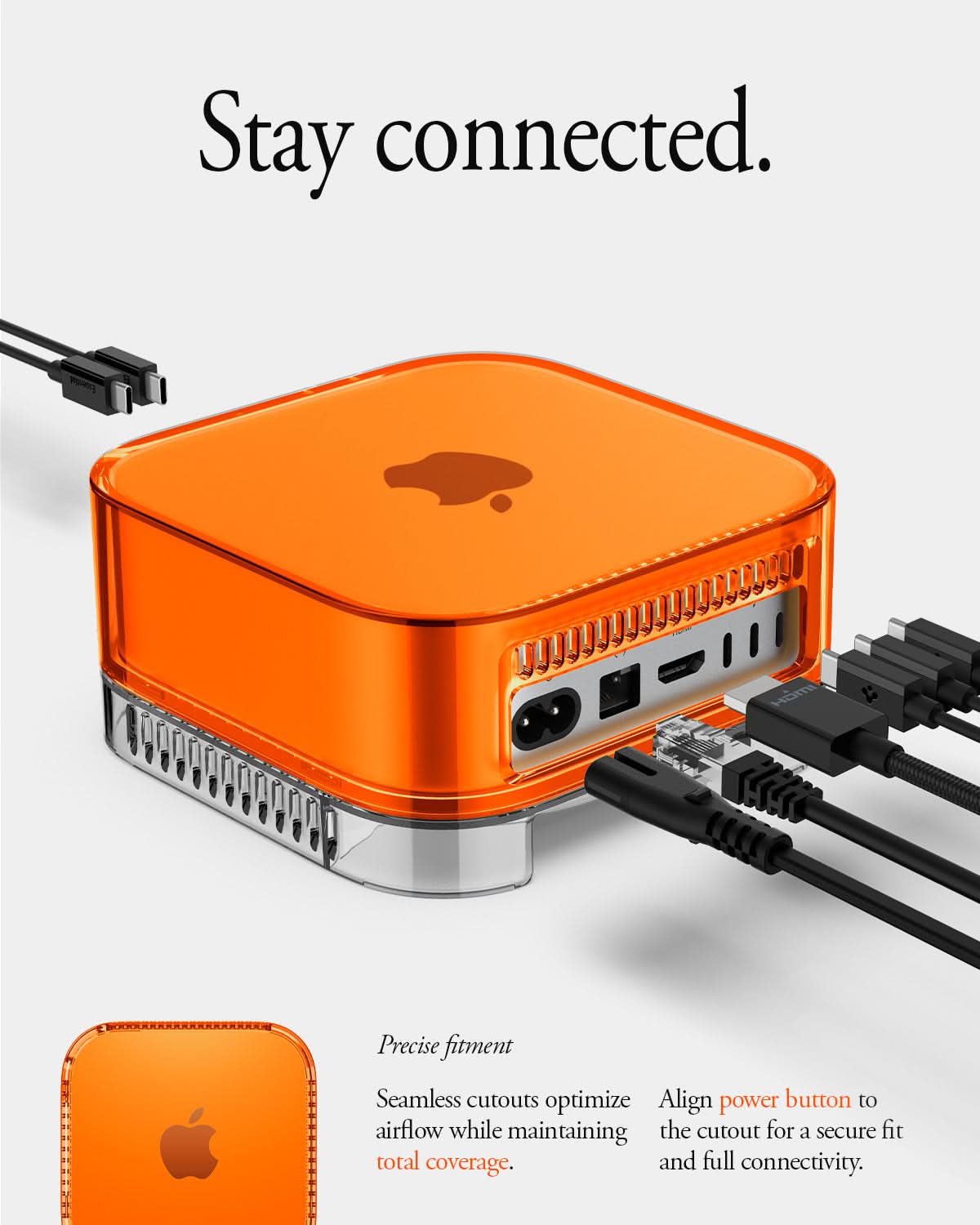ACS09212 - Apple Mac Mini Stand Classic C1 in Tangerine showing stay connected.