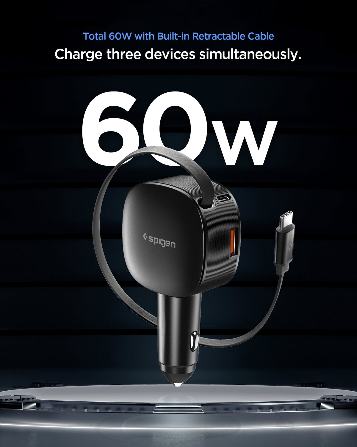 ACP10515 - Car Charger | EV603BT in Black showing total 60w with built in retractable cable.
