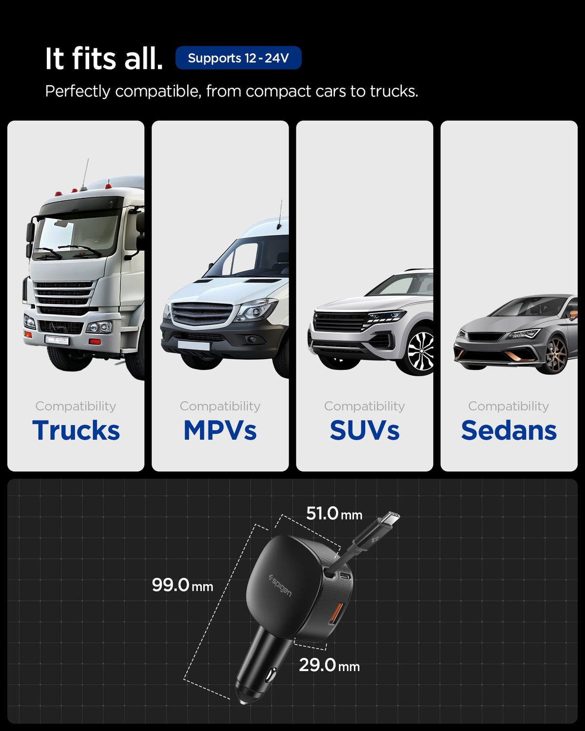ACP10515 - Car Charger | EV603BT in Black showing it fits all with trucks, MPVS, SUVS, Sedans.