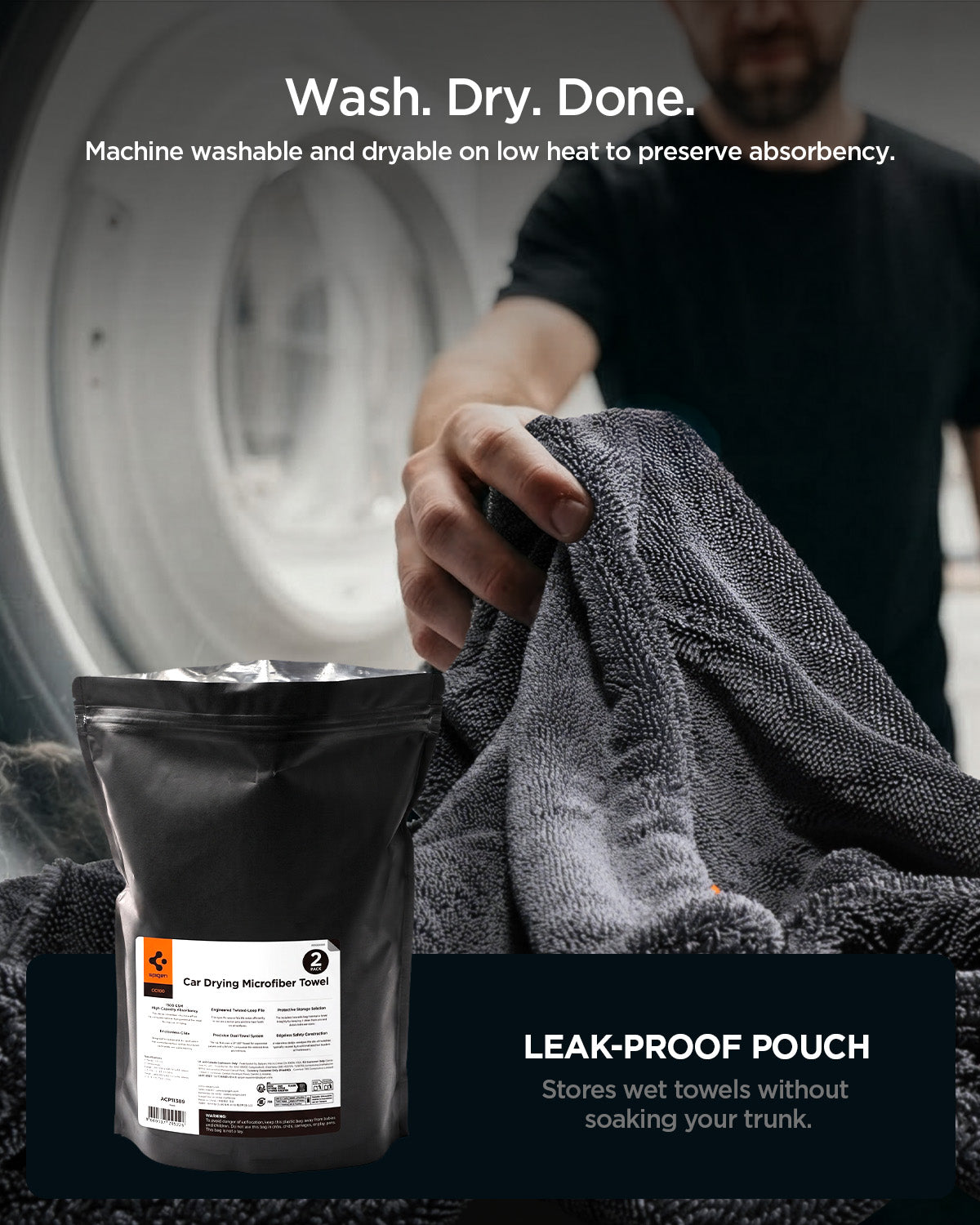 ACP11389 - Man pulling a Spigen microfiber towel out of a dryer, shown next to the packaging with a note that it's machine washable and dryable