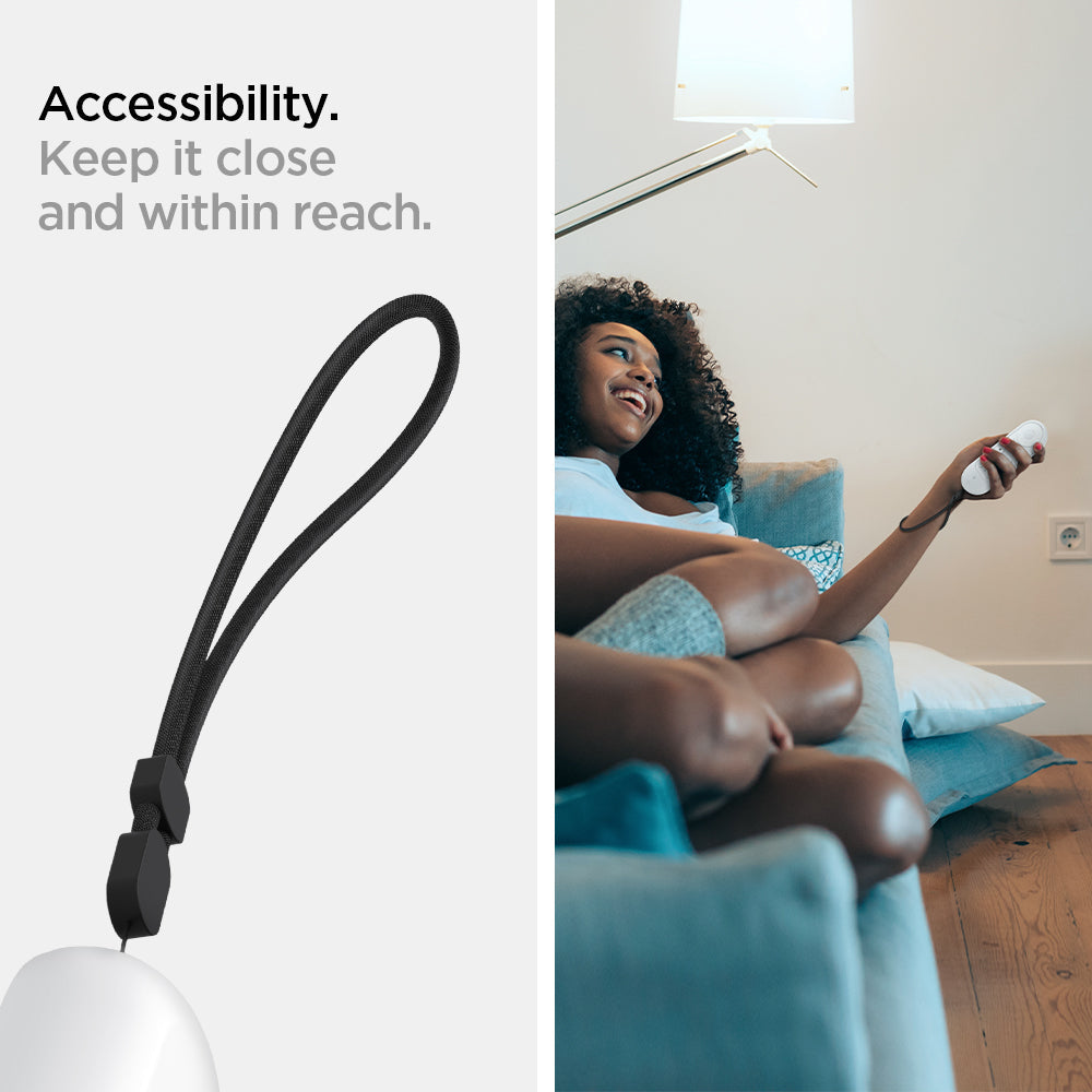 AMP02715 - Chromecast with Google TV Silicone Fit Voice Remote in white showing the wrist strap. Loop it around to avoid dropping