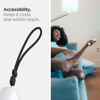 AMP02715 - Chromecast with Google TV Silicone Fit Voice Remote in white showing the wrist strap. Loop it around to avoid dropping