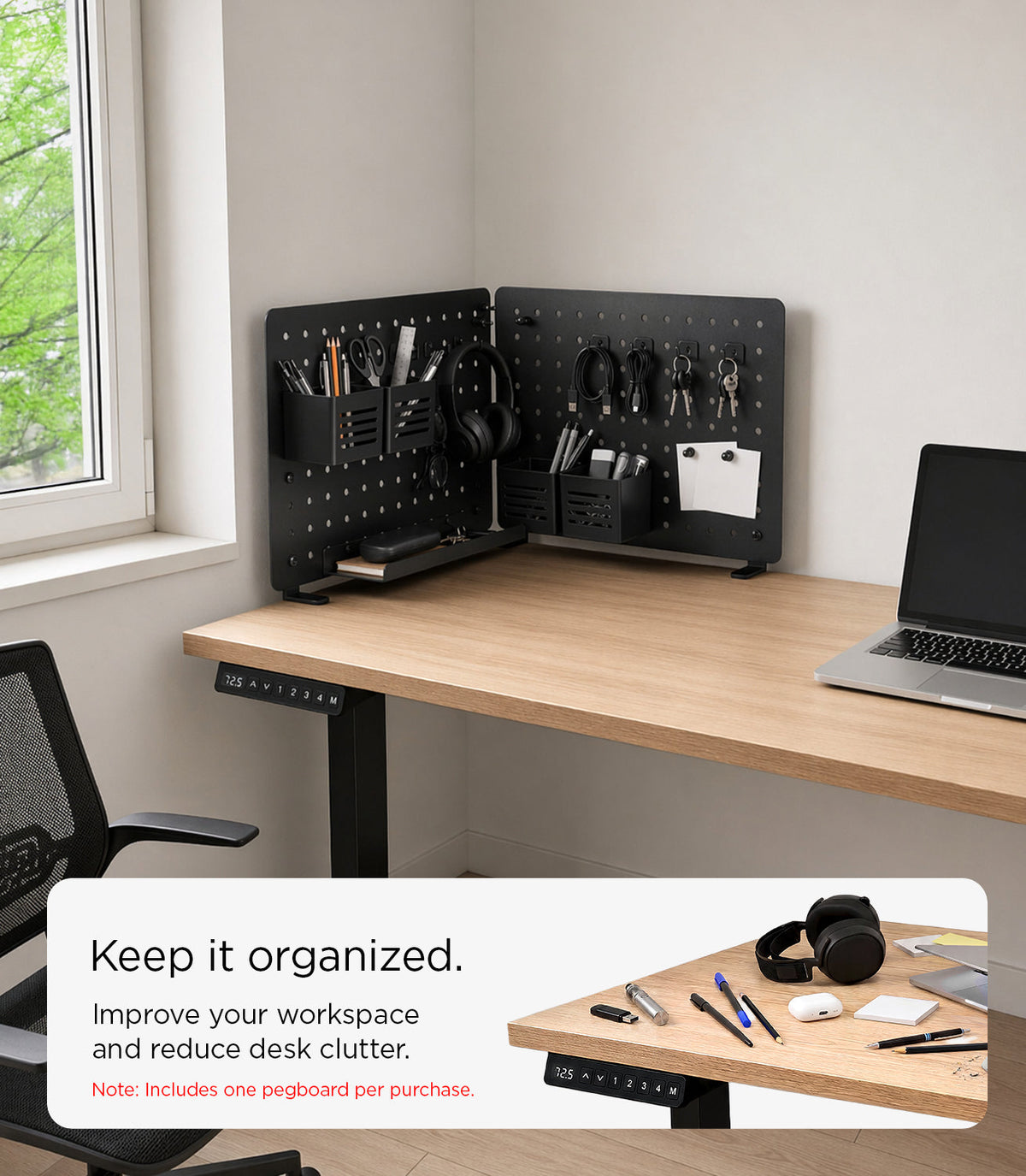 AHP11400 - Clamp Pegboard | LD405 showing two pegboards joined at a corner desk holding pens, scissors, headphones, cables, keys, and a notepad