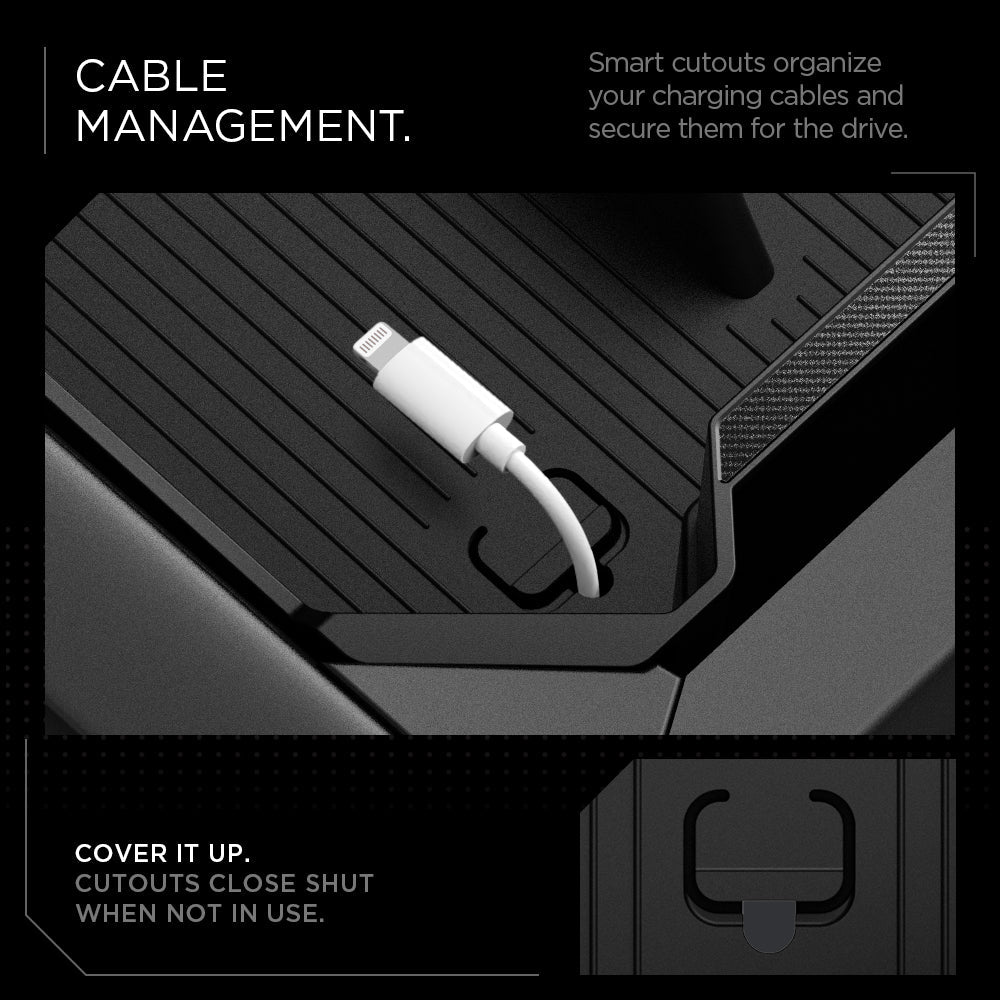 ACP07809 - Tesla Cybertruck Center Console Organizer Tray CO220T in Black cable management, smart cutouts organize your charging cables and secure them for the drive. Cover it up. cutouts close shut when not in use.