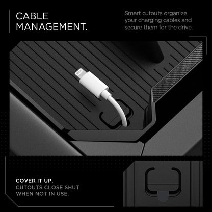 ACP07809 - Tesla Cybertruck Center Console Organizer Tray CO220T in Black cable management, smart cutouts organize your charging cables and secure them for the drive. Cover it up. cutouts close shut when not in use.