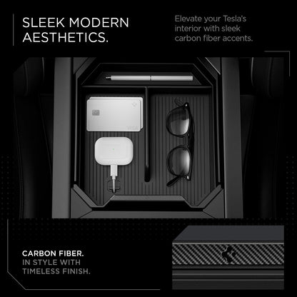 ACP07809 - Tesla Cybertruck Center Console Organizer Tray CO220T in Black sleek modern aesthetics. elevate your tesla's interior with sleek carbon fiber accents. carbon fiber in style with timeless finish.