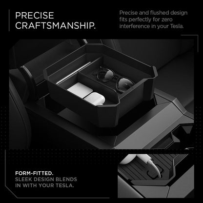ACP07809 - Tesla Cybertruck Center Console Organizer Tray CO220T in Black precise craftsmanship. precise and flushed design fits perfectly for zero interference in your Tesla. form fitted sleek design blends in with your tesla.