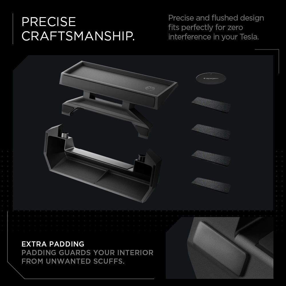 ACP08261 - Tesla Cybertruck Under Screen Organizer CO227 in Black showing the precise craftsmanship, precise and flushed design fits perfectly for zero interference in your tesla, extra padding that guards your interior from unwanted scuffs