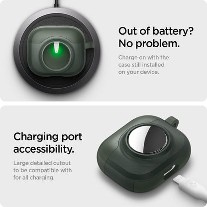 ACS04393 - Apple AirPods 3 Case Tag Armor Duo in military green showing how it charges on with the case still installed on your device. Charging port accessibility. Large detail cutout to be compatible for all charging