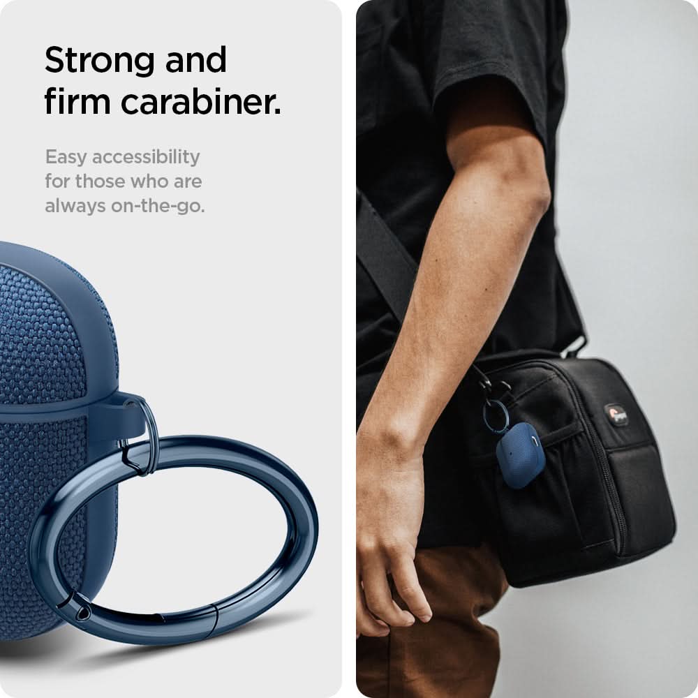 ASD02128 - Apple AirPods 3 Case Urban Fit in navy blue showing the strong and firm carabiner. Easy accessibility for those who are always on-the-go