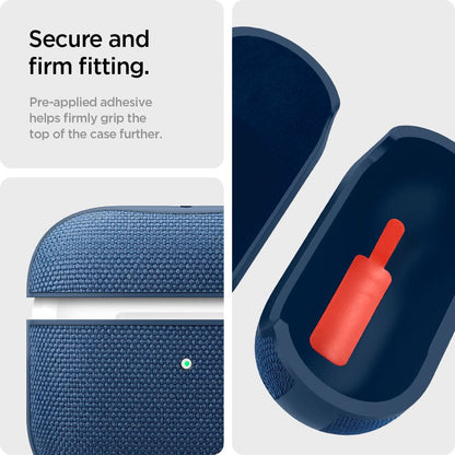 ASD02128 - Apple AirPods 3 Case Urban Fit in navy blue showing the secure and firm fitting. Pre-applied adhesive helps firmly grip the top of the case further