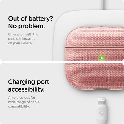 ASD02112 - Apple AirPods 3 Case Urban Fit in rose gold showing charging on with the case while still installed on your device. Charging port accessibility. Ample cutout for wire range of cable compatibility