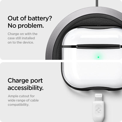 ASD01982 - Apple AirPods 3 Case Ultra Hybrid in jet black showing the charge port accessibility. Ample cutout for wide range of cable compatibility. Charge on with the case still installed on to the device