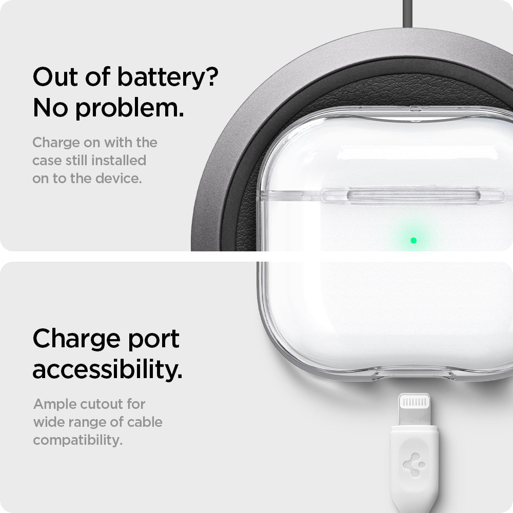 ASD01981 - Apple AirPods 3 Case Ultra Hybrid in crystal clear showing the charge port accessibility. Ample cutout for wide range of cable compatibility. Charge on with the case still installed on to the device