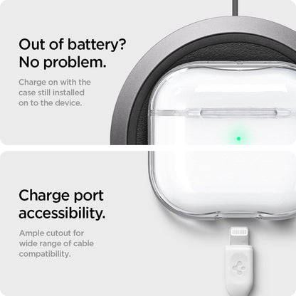 ASD01981 - Apple AirPods 3 Case Ultra Hybrid in crystal clear showing the charge port accessibility. Ample cutout for wide range of cable compatibility. Charge on with the case still installed on to the device