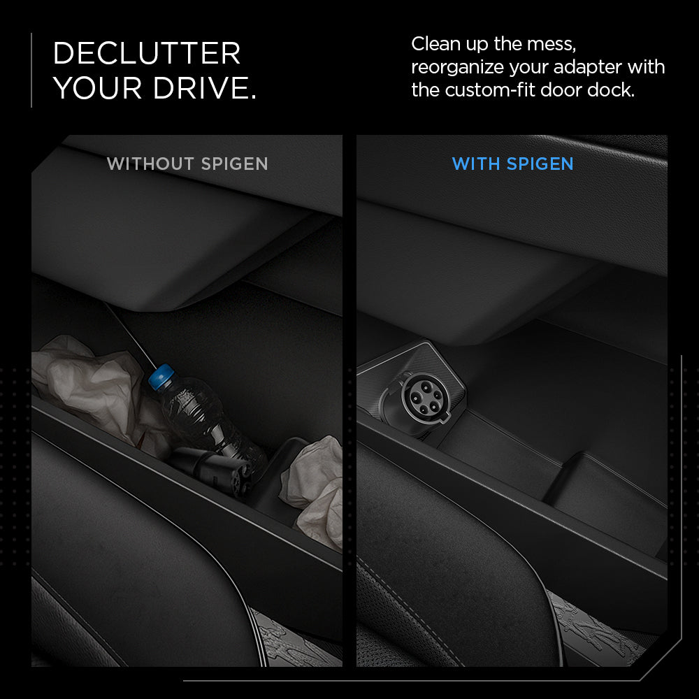 ACP09182 - Tesla cybertruck Charging Adapter Door Dock CO252 in Black declutter your drive. clean up the mess, recognize your adapter with the custom it door back. compare with and without spigen.