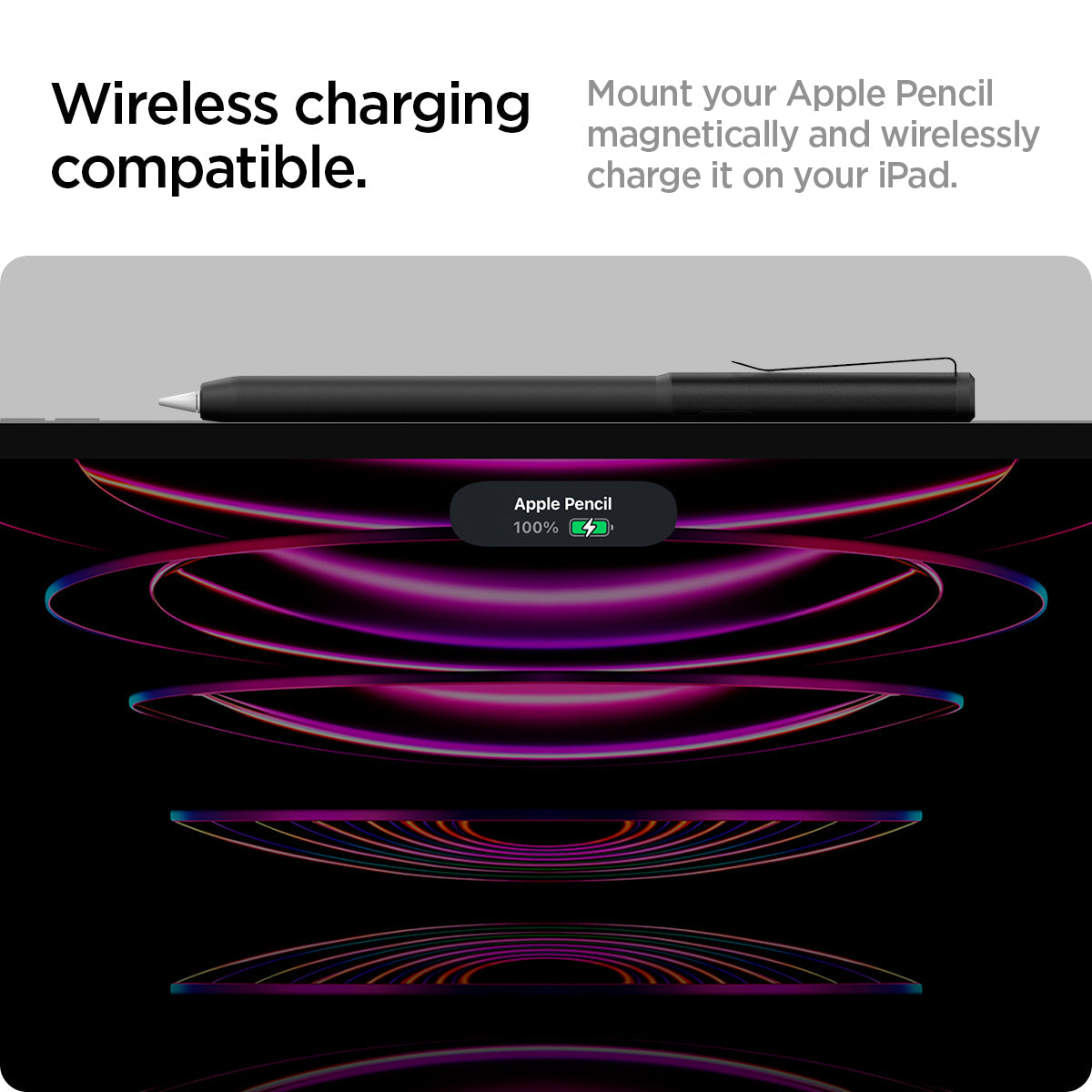ACS05763 - Apple Pencil Holder DA201 in black showing the wireless charging compatible. Mount your Apple Pencil magnetically and wirelessly charge it on your iPad
