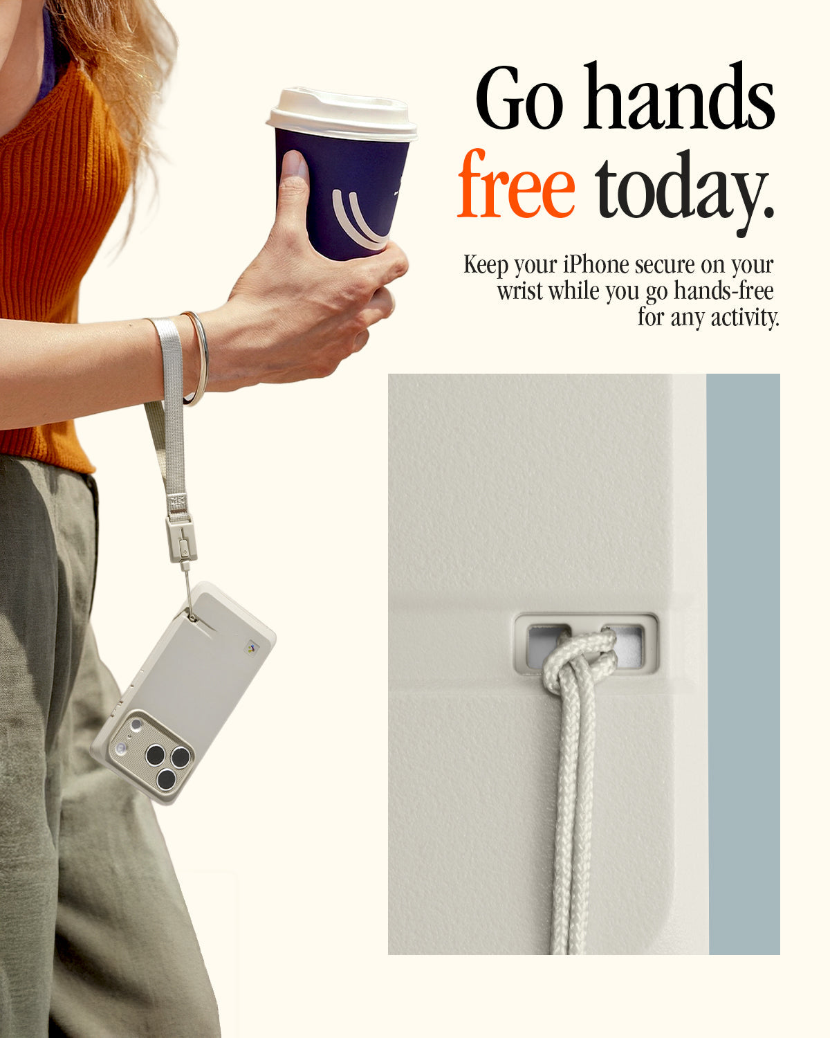 AFA10617 - DA30S LS lanyard strap worn on wrist holding iPhone case hands-free while carrying a coffee, showcasing secure wrist attachment, everyday mobility, and convenient quick-release design