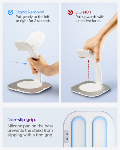 AGP08664 - Apple Vision Pro Stand DR110 in White showing the stand removal, pull gently to the left or right for 2 seconds, DO NOT pull upwards with extensive force, Non-slip grip, silicone pad on the base prevents the stand from slipping with a firm grip