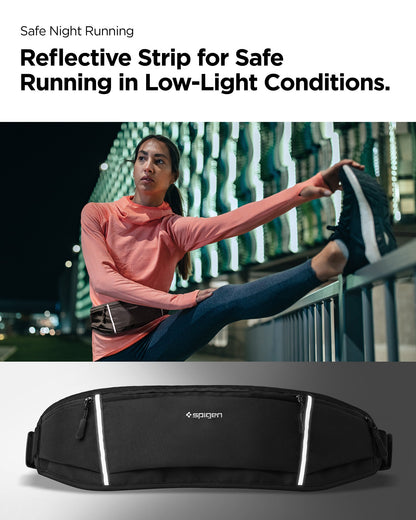 AMP04618 - Dynamic Shield™ Running Waistpack in black showing the reflective strip for safe running in low-light conditions