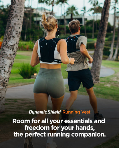 AMP11390 - Dynamic Shield™ Running Vest | A720 L-XL in Black showing the room for all your essentials and freedom for your hands, the perfect running companion