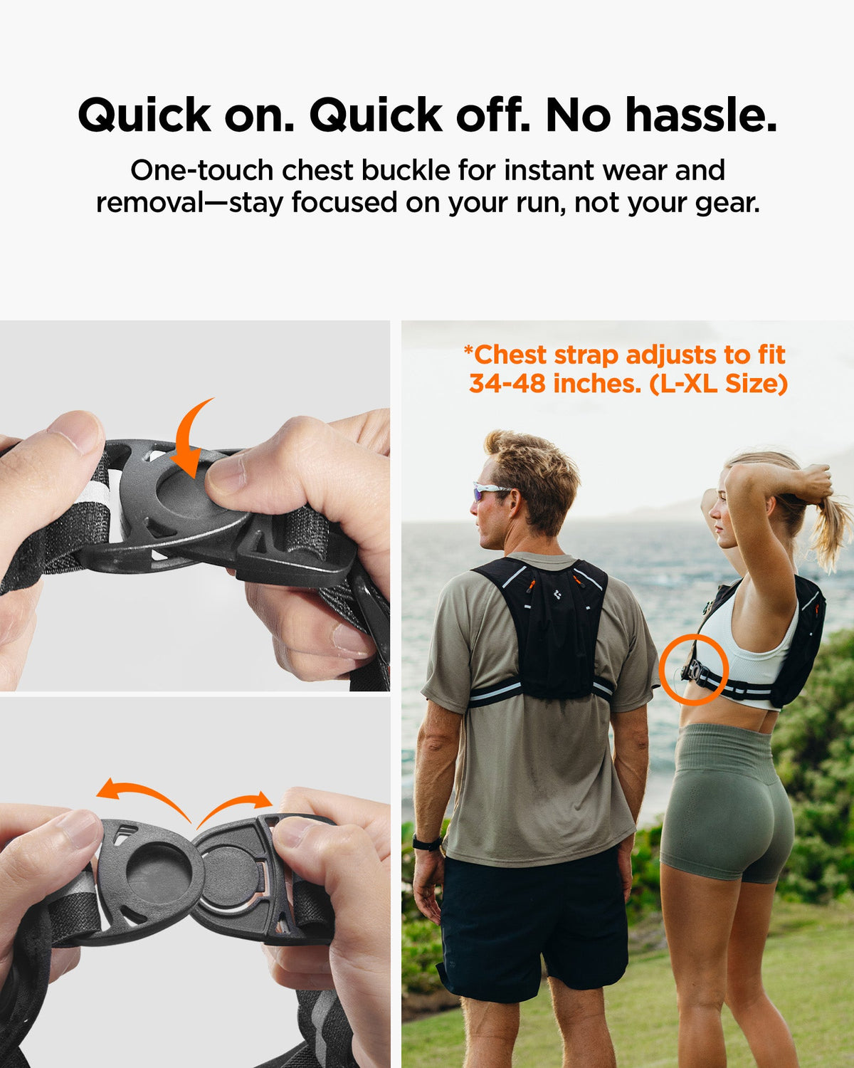 AMP11390 - Dynamic Shield™ Running Vest | A720 L-XL in Black showing the quick on, quick off, no hassle. One-touch chest buckle for instant wear and removal-stay focused on your run, not your gear