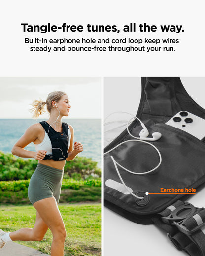 AMP07603 - Dynamic Shield™ Running Vest | A720 M-L in Black showing the tangle-free tunes, all the way. Built-in earphone hole and cord look keep wires steady and bounce-free throughout your run