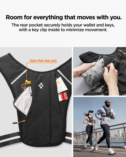AMP07603 - Dynamic Shield™ Running Vest | A720 M-L in Black showing the room for everything that moves with you. The rear pocket securely holds your wallet and keys, with a key clip inside to minimize movement