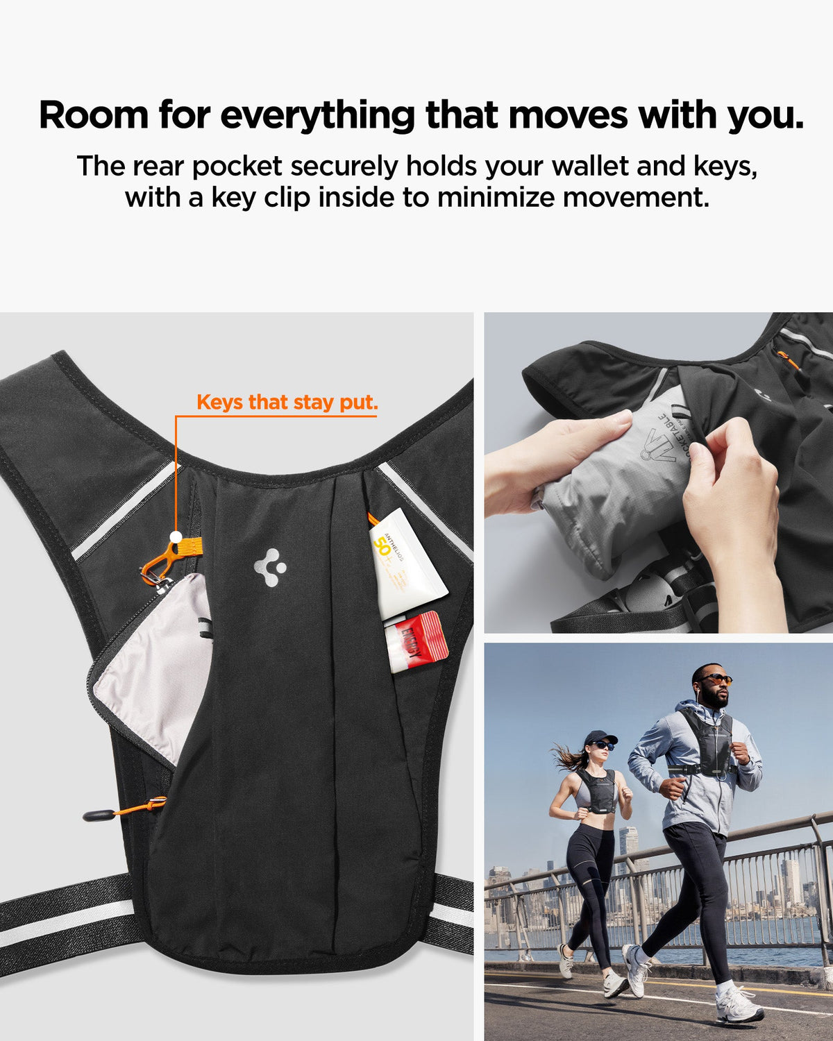 AMP11390 - Dynamic Shield™ Running Vest | A720 L-XL in Black showing the room for everything that moves with you. The rear pocket securely holds your wallet and keys, with a key clip inside to minimize movement
