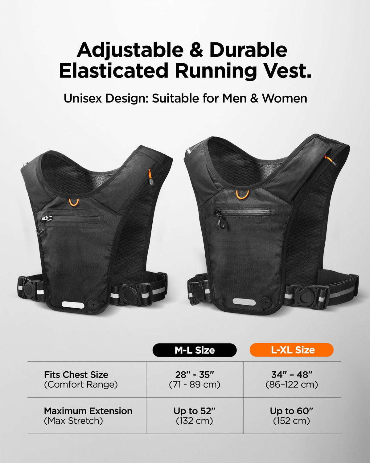 AMP11390 - Dynamic Shield™ Running Vest | A720 L-XL in Black showing size guide.