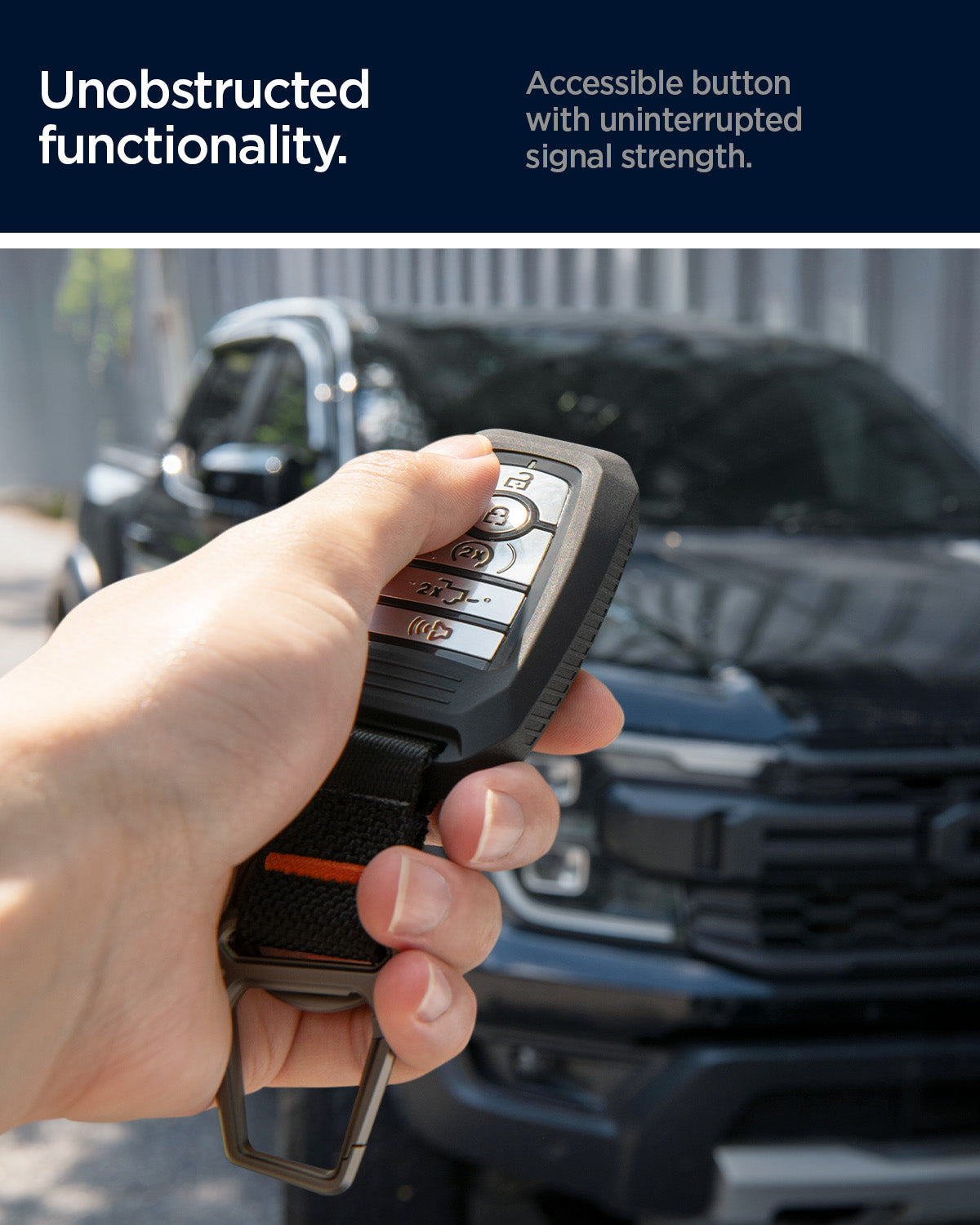ACS09430 - Ford Key Fob Cover | FK100 in Matte Black showing the Unobstructed functionality. Accessible button with uninterrupted signal strength