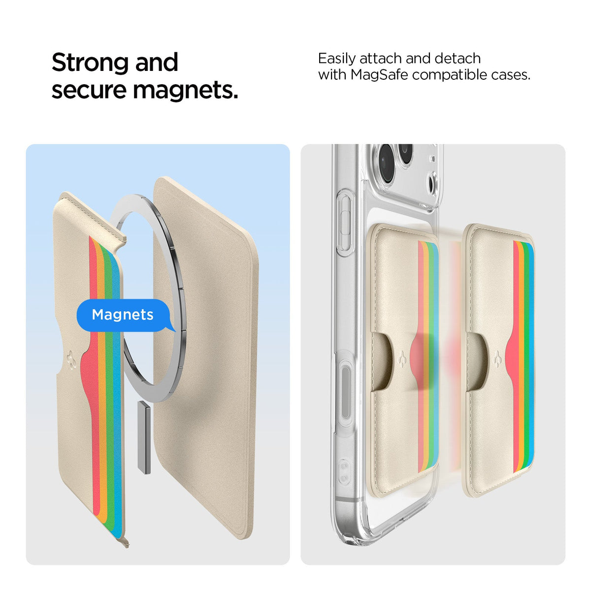 AFA07232 - MagSafe Card Holder Folder Pop (Mag Fit) in Rainbow showing the strong and secure magnets. Easily attach and detach with MagSafe compatible cases