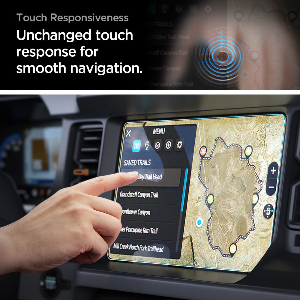 AGL04570 - Ford Bronco 12" Screen Protector GLAS.tR SLIM Anti-Glare showing touch responsiveness. unchanged touch response for smooth navigation.