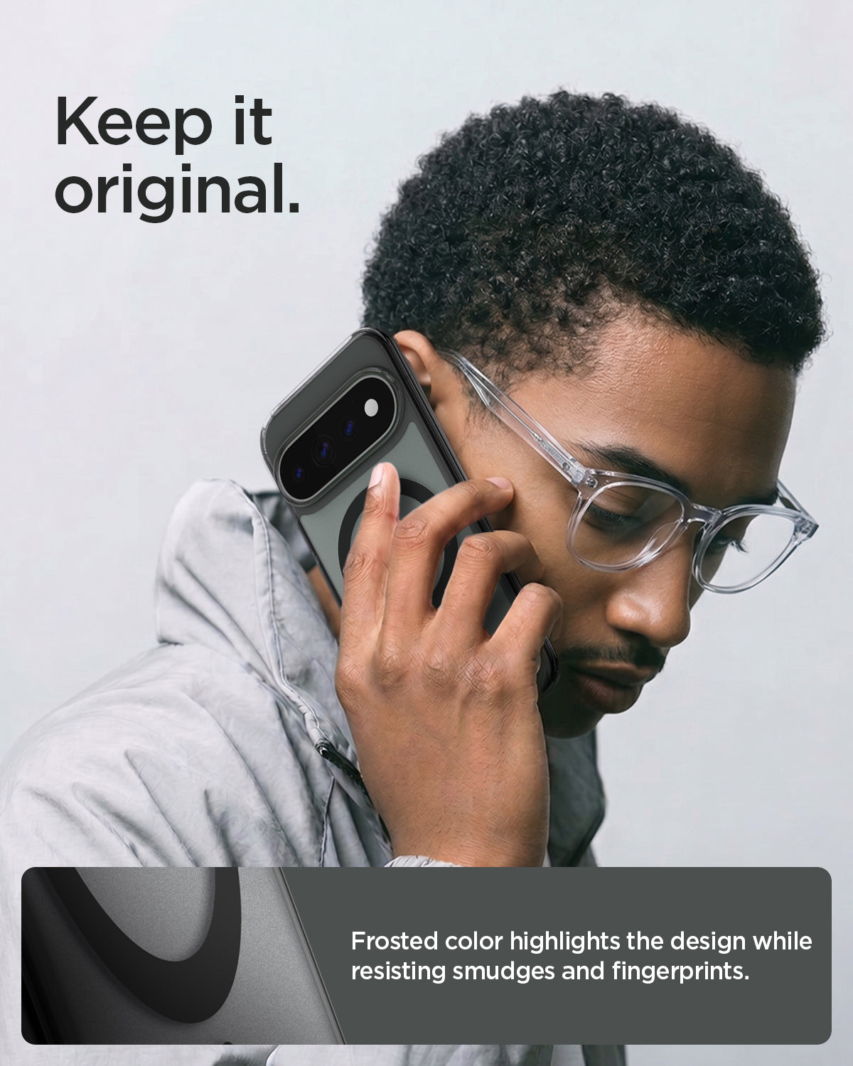 ACS11432 - Pixel 11 Pro Ultra Hybrid (Mag Fit) Frost Black person holding the case highlighting DuraClear technology for longer lasting clarity.