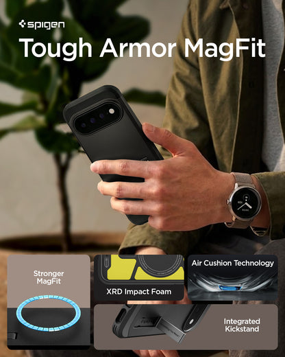 ACS11433 - Pixel 11 Pro Tough Armor (Mag Fit) Black person holding the Tough Armor MagFit case featuring a built in kickstand, Air Cushion Technology, and the built in magnetic ring.