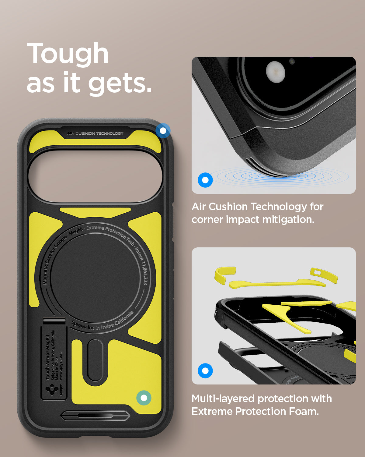 ACS11433 - Pixel 11 Pro Tough Armor (Mag Fit) Black interior view highlighting Air Cushion Technology, Extreme Protection Foam, and the built in magnetic ring.