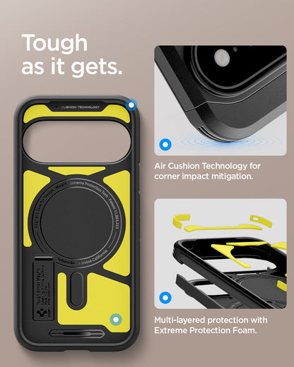 ACS11433 - Pixel 11 Pro Tough Armor (Mag Fit) Black interior view highlighting Air Cushion Technology, Extreme Protection Foam, and the built in magnetic ring.