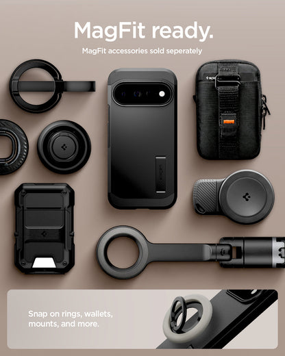 ACS11433 - Pixel 11 Pro Tough Armor (Mag Fit) Black case shown with compatible magnetic accessories including a ring grip, wallet, charger, and car mount.