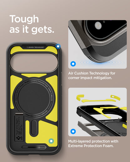 ACS11860 - Pixel 11 Pro Tough Armor (Mag Fit) Gunmetal interior view highlighting Air Cushion Technology, Extreme Protection Foam, and the built in magnetic ring.