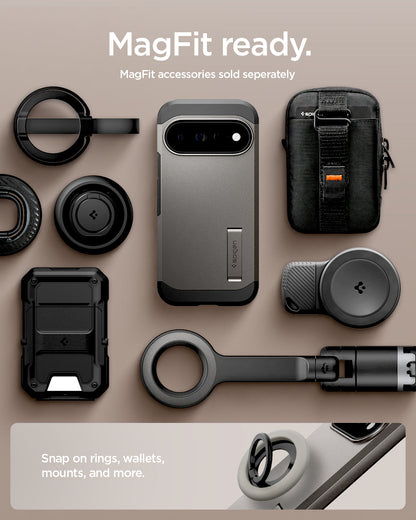 ACS11860 - Pixel 11 Pro Tough Armor (Mag Fit) Gunmetal case shown with compatible magnetic accessories including a ring grip, wallet, charger, and car mount.