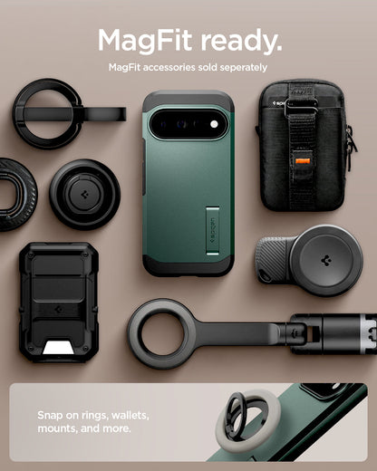 ACS11864 - Pixel 11 Pro XL Tough Armor (Mag Fit) Abyss Green case shown with compatible magnetic accessories including a ring grip, wallet, charger, and car mount.
