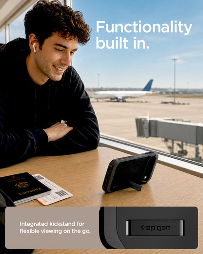 ACS11453 - Pixel 11 Pro XL Tough Armor (Mag Fit) Black case standing with the built in kickstand for hands free viewing on a table.