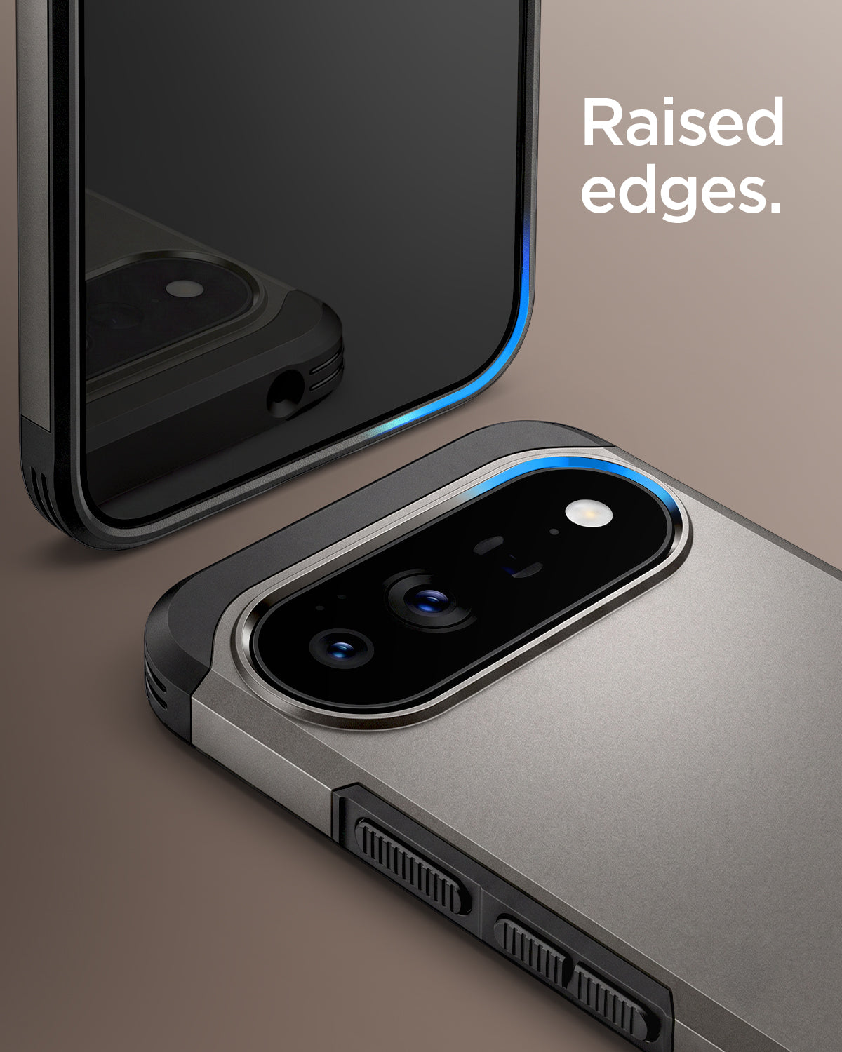 ACS11865 - Pixel 11 Pro XL Tough Armor (Mag Fit) Gunmetal close up highlighting the raised edges around the display and camera.