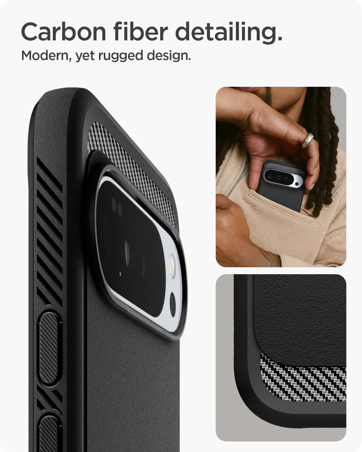 ACS09721 - Pixel 10 Pro XL Case Rugged Armor (MagFit) in black showing the carbon fiber detailing. Modern, yet rugged design.