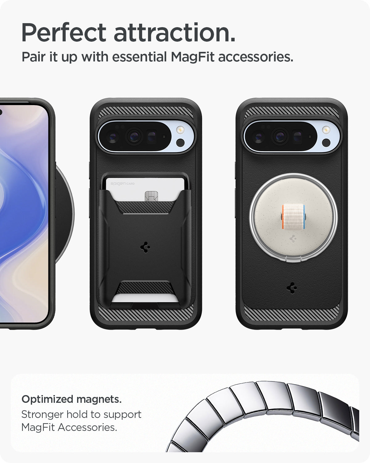 ACS09721 - Pixel 10 Pro XL Case Rugged Armor (MagFit) in black showing the perfect attraction. Pair it up with essential MagFit accessories. Optimized magnets. Stronger hold to support MagFit accessories.