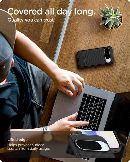 ACS09708 - Pixel 10 Pixel 10 Pro in black showing the lifted edge. Helps prevent surface scratch from daily usage. Covered all day long. Quality you can trust.