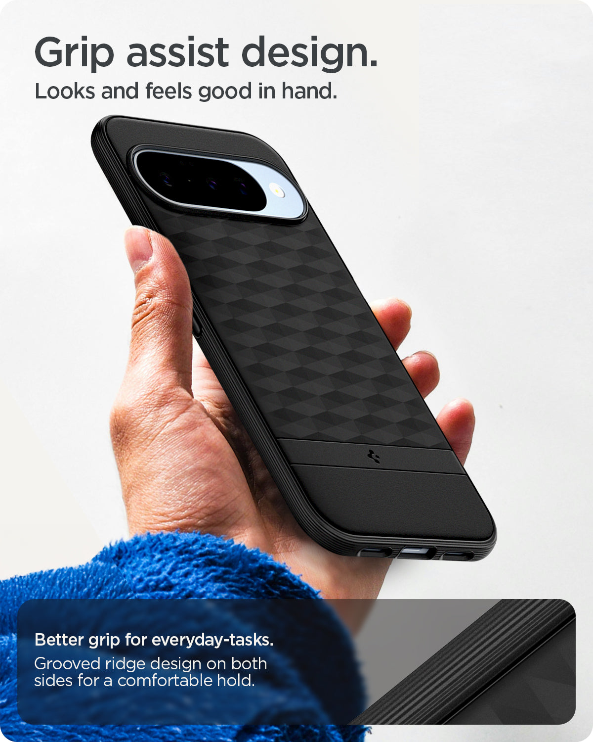 ACS09708 - Pixel 10 Pixel 10 Pro in black showing the grip assist design. Looks and feels good in hand. Better grip for everyday-tasks. Grooved ridge design on both sides for a comfortable hold