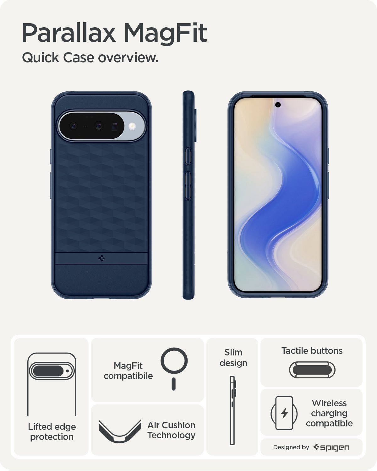 ACS09710 - Pixel 10 Pixel 10 Pro in midnight blue showing the quick case overview. Lifted edge protection, MagFit compatible, AirCushion Technology, slim design and tactile buttons.