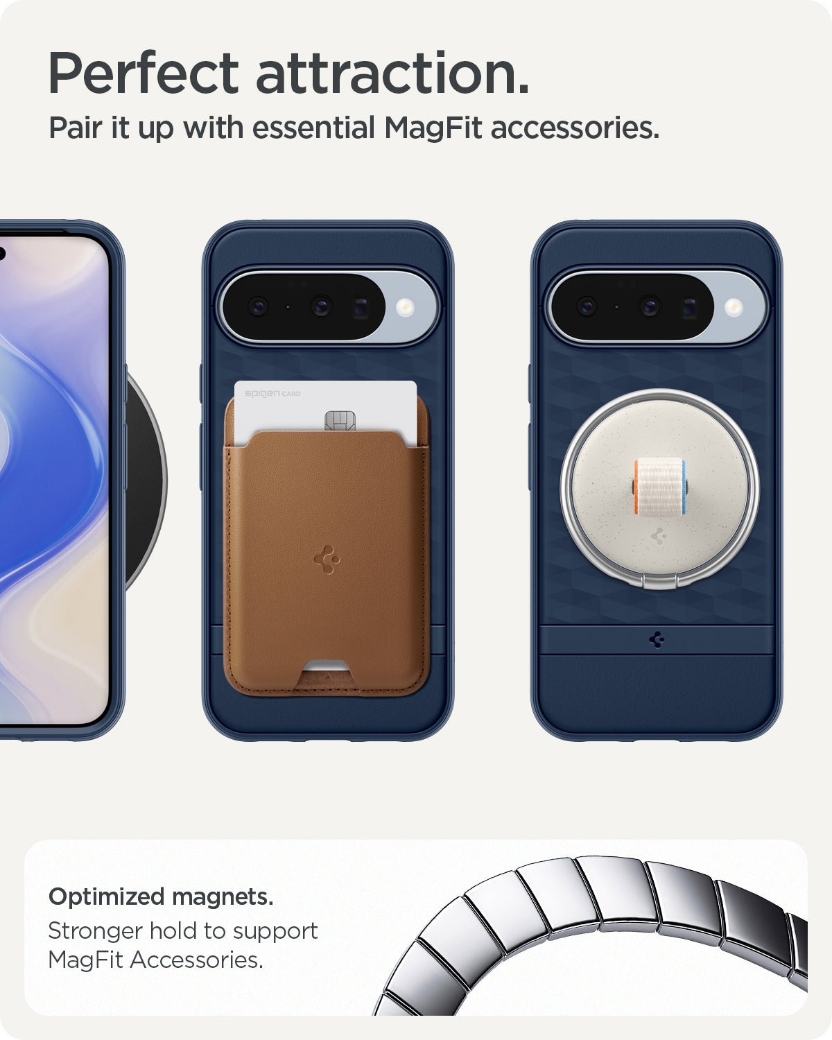 ACS09710 - Pixel 10 Pixel 10 Pro in midnight blue showing the perfect attraction. Pair it up with essential MagFit accessories. Optimized magnets. Stronger hold to support MagFit accessories.