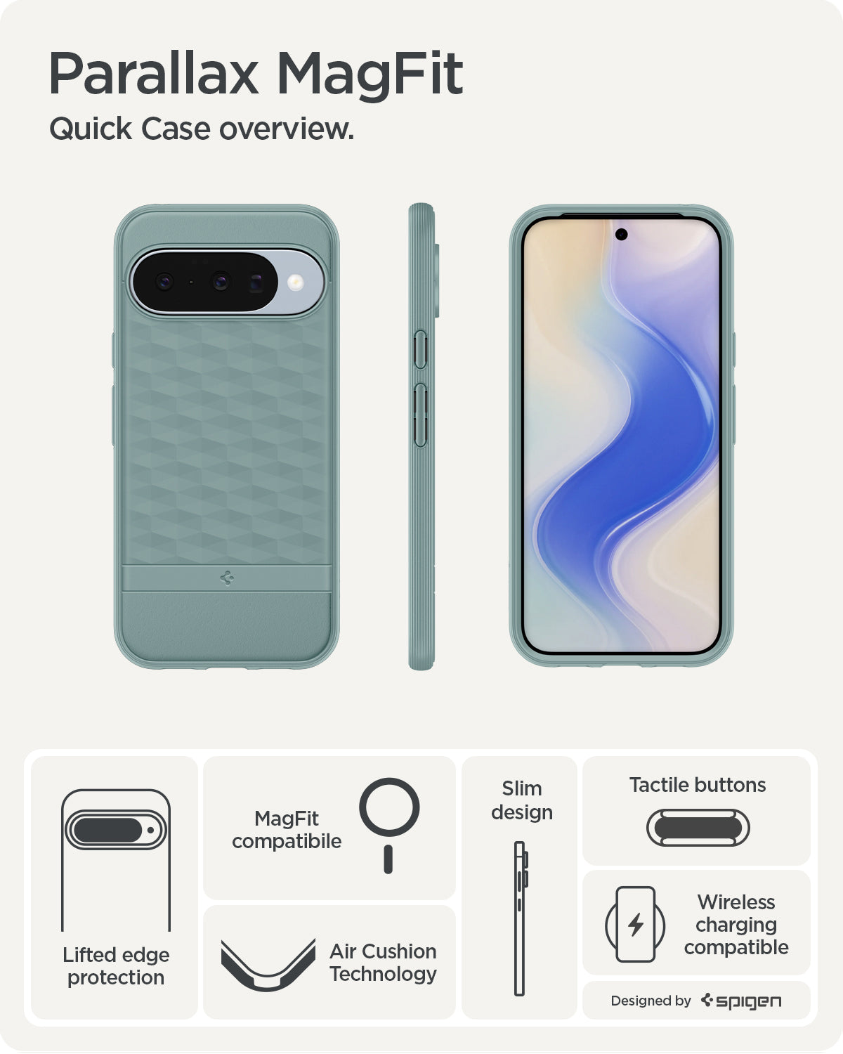 ACS09709 - Pixel 10 Pixel 10 Pro in sage green showing the quick case overview. Lifted edge protection, MagFit compatible, AirCushion Technology, slim design and tactile buttons.